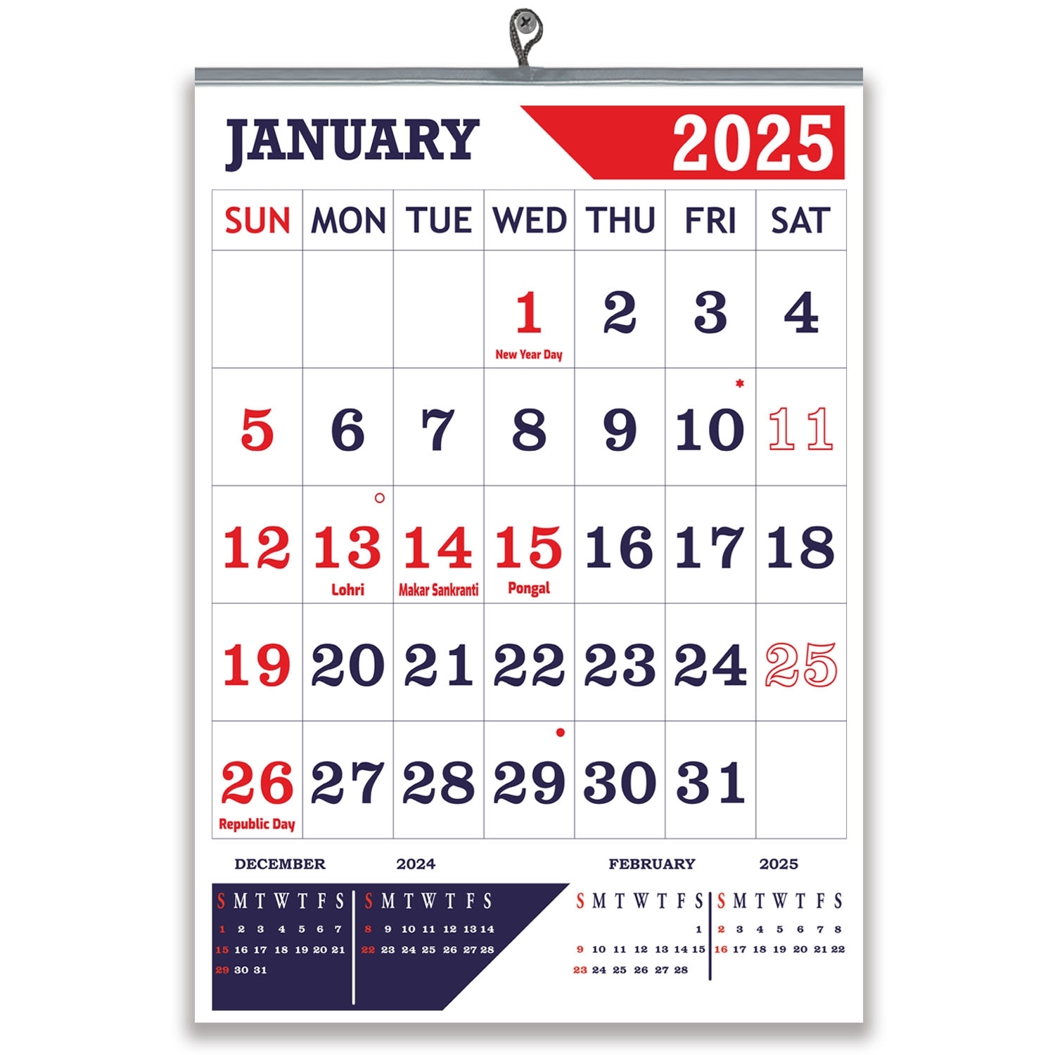 807 Red Navy Blue English Monthly Calendar 2025